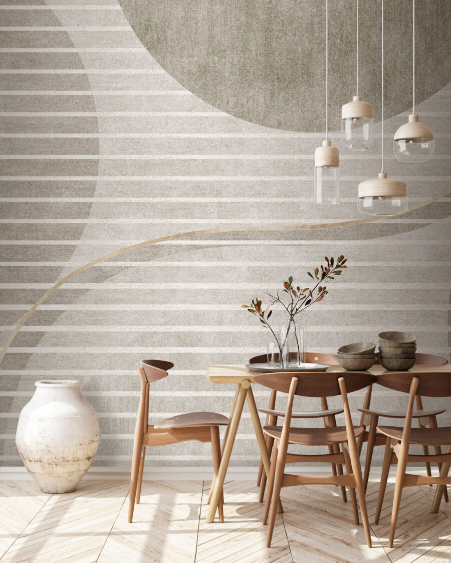 Papel de parede cinzento e branco com círculos e linhas