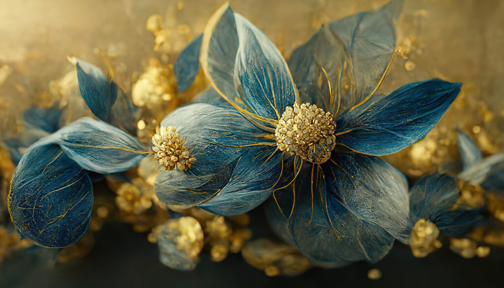 Elegantes folhas azuis e flores delicadas. Elegantes folhas azuis e flores delicadas.