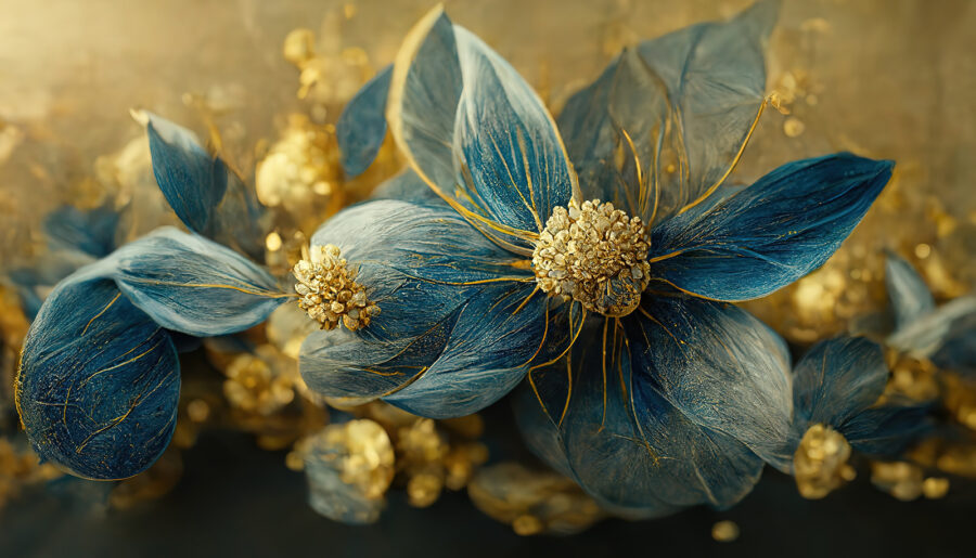 Elegantes folhas azuis e flores delicadas.