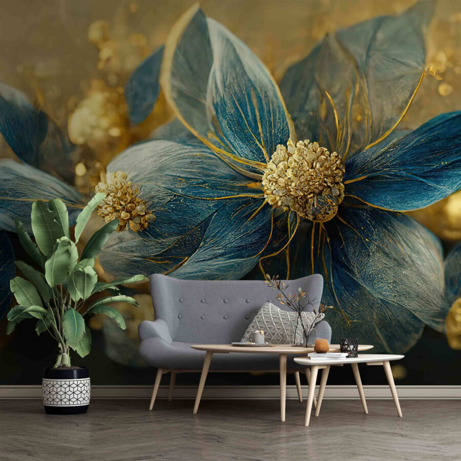 Elegantes folhas azuis e flores delicadas.