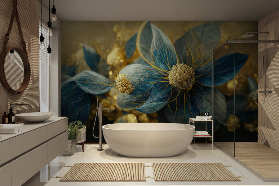 Elegantes folhas azuis e flores delicadas.