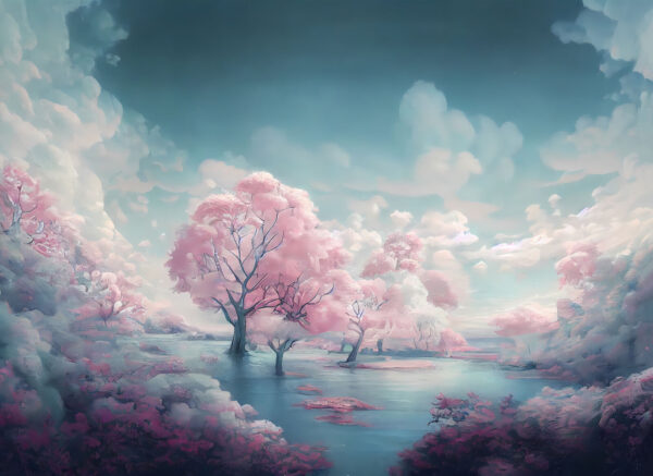 Paisagem de árvores cor-de-rosa e água Paisagem de árvores cor-de-rosa e água
