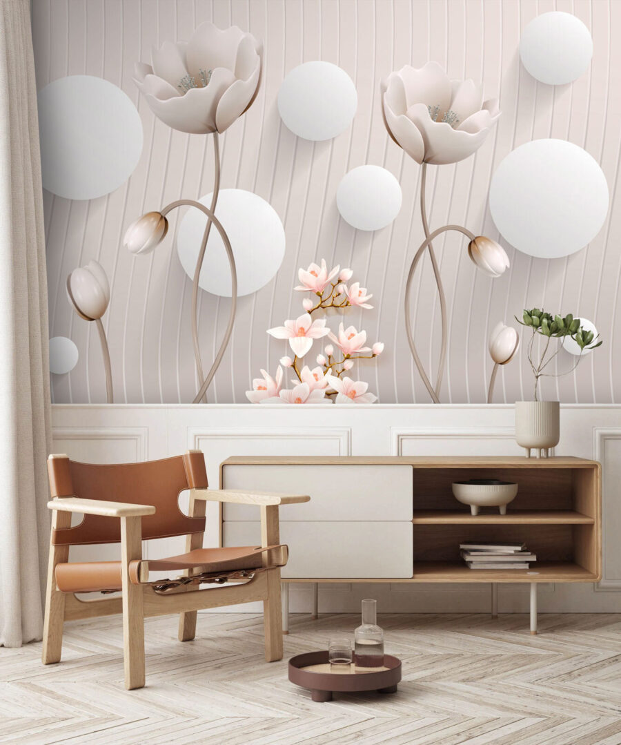 Papel de parede com flores e círculos