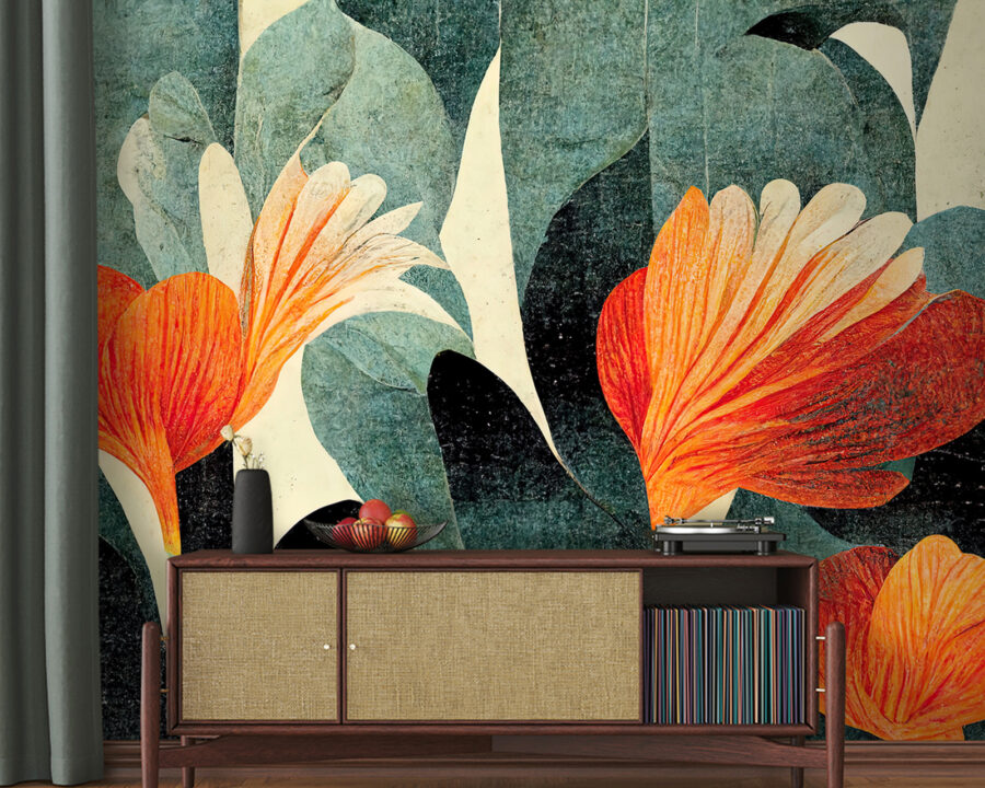 Papel de parede Pintura de flores cor de laranja e brancas