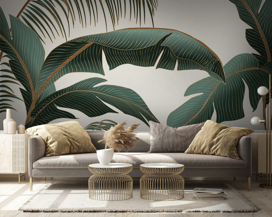 Papel de parede Folhas tropicais sobre um fundo claro.