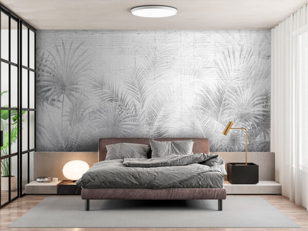 Fundo branco e cinzento com folhas de palmeira Fundo branco e cinzento com folhas de palmeira