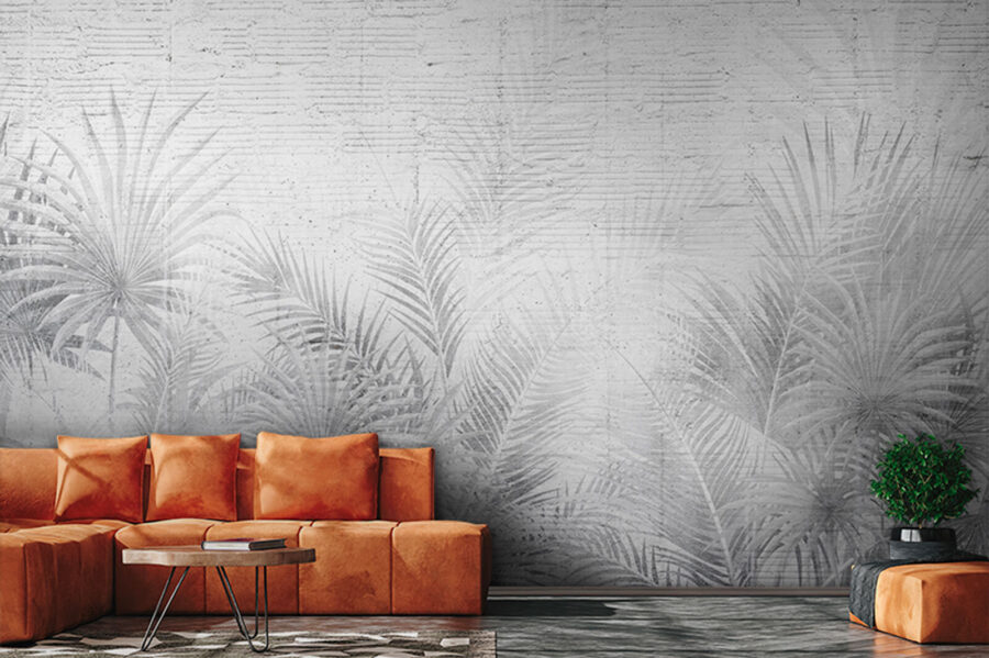 Fundo branco e cinzento com folhas de palmeira
