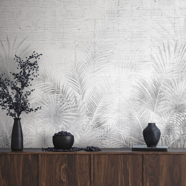 Fundo branco e cinzento com folhas de palmeira Fundo branco e cinzento com folhas de palmeira