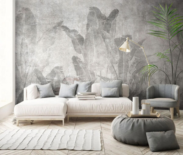 Muro cinzento com folhas e um muro de tijolo Muro cinzento com folhas e um muro de tijolo