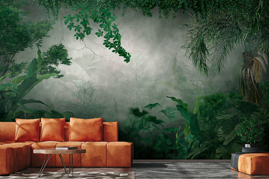 Floresta enevoada com plantas e árvores