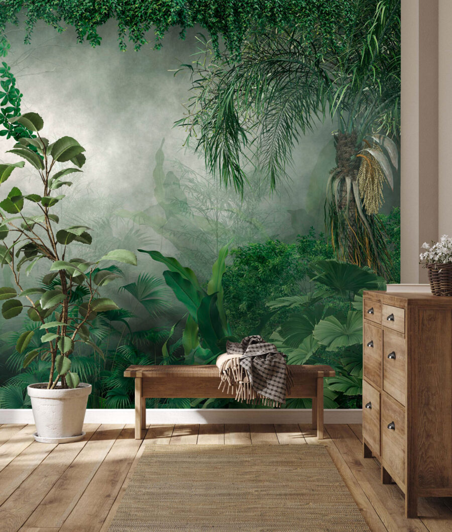 Floresta enevoada com plantas e árvores