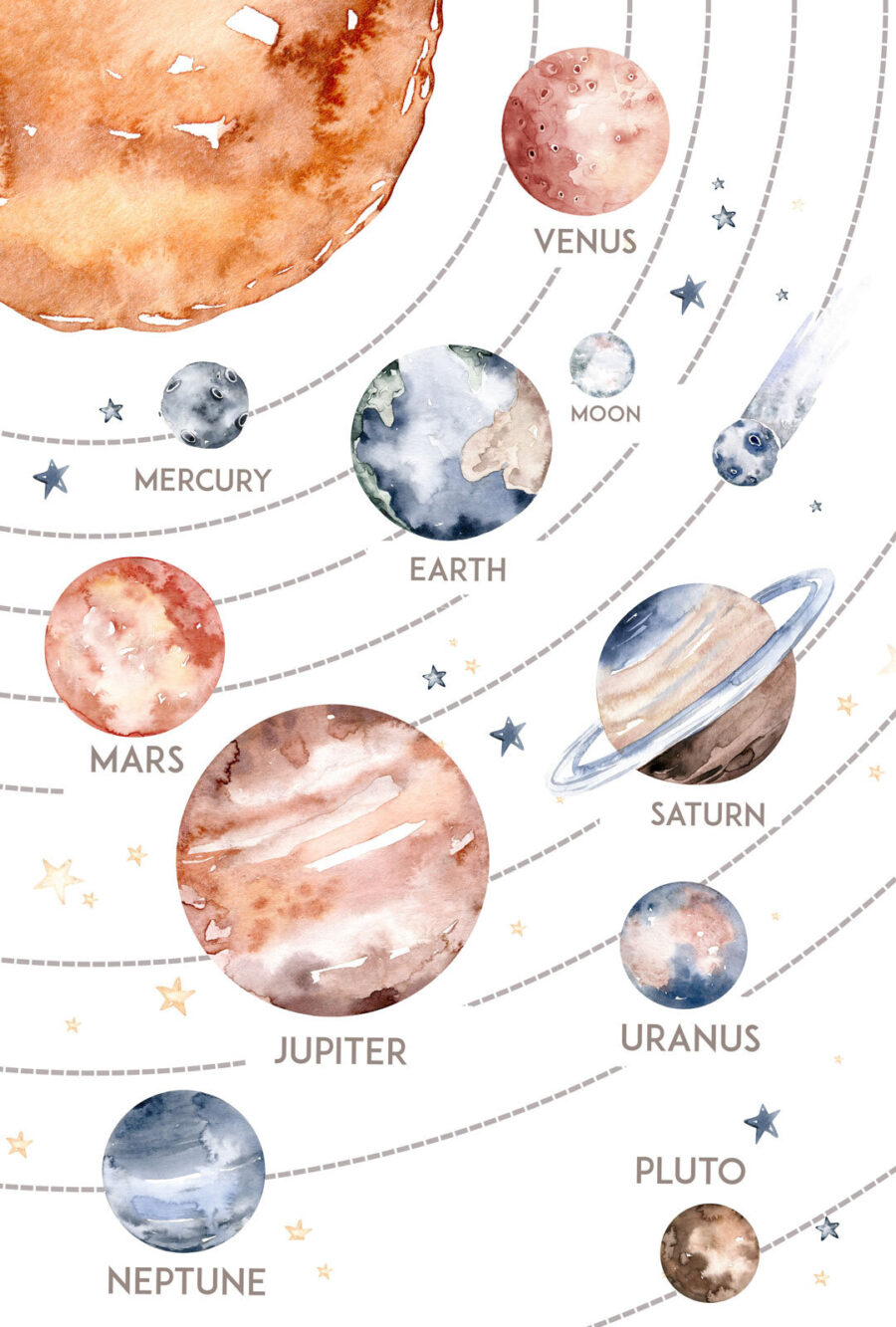 Aguarela de planetas e estrelas Aguarela de planetas e estrelas