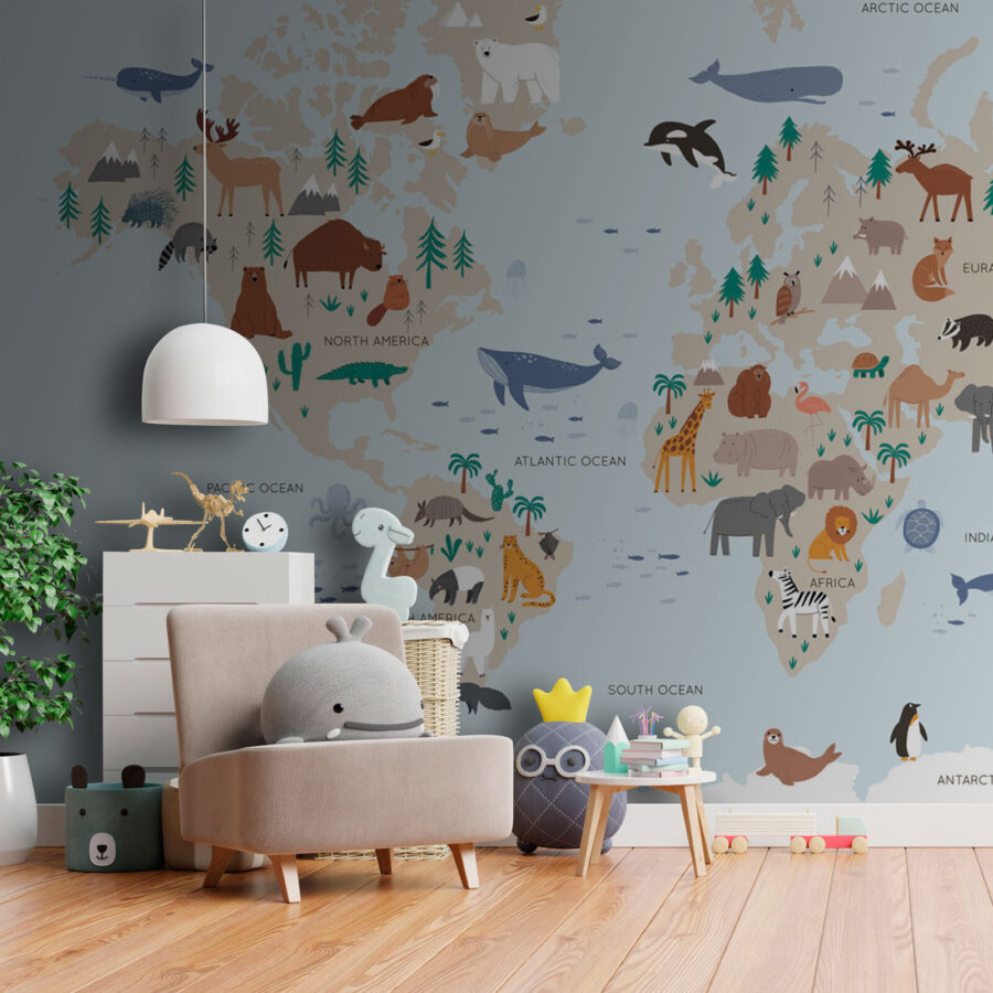Mapa do mundo com animais