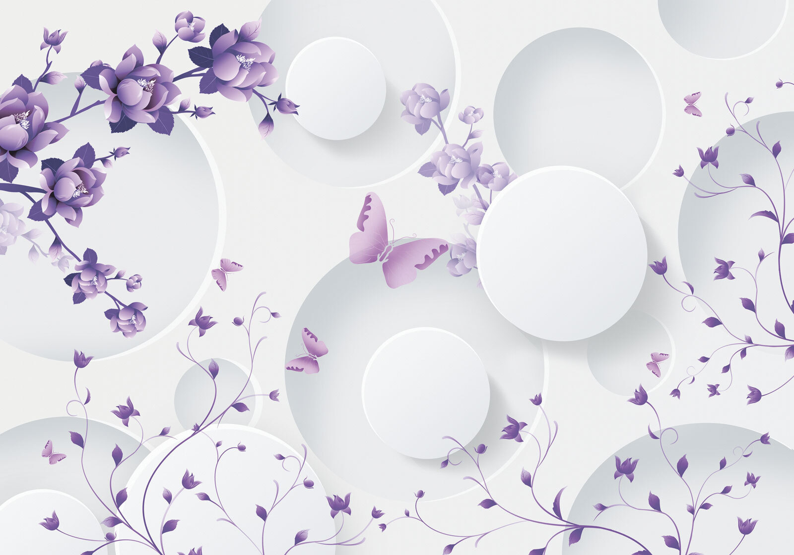 Purple flowers and white circles with purple butterflies Purple flowers and white circles with purple butterflies