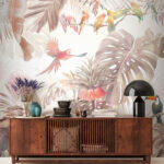 Papel de parede Grupo de aves num ramo rodeado de plantas tropicais