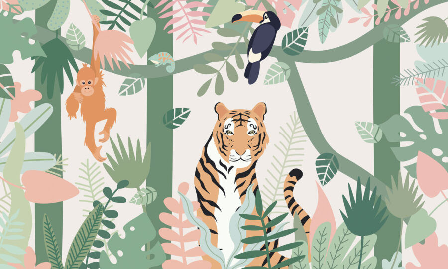 Tigre e pássaros na selva