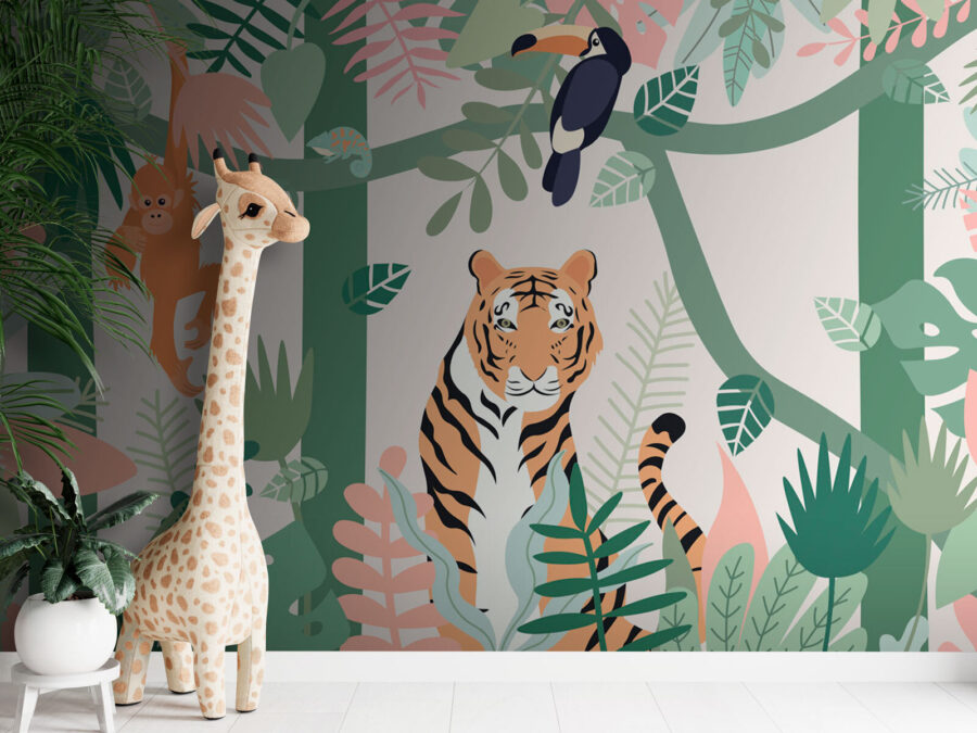 Tigre e pássaros na selva