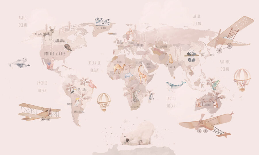 Mapa do mundo com animais e aves