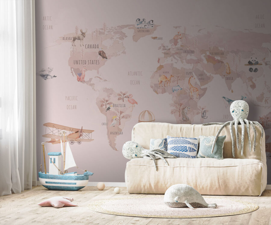 Mapa do mundo com animais e aves