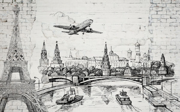 Desenho de uma cidade e de uma ponte Desenho de uma cidade e de uma ponte