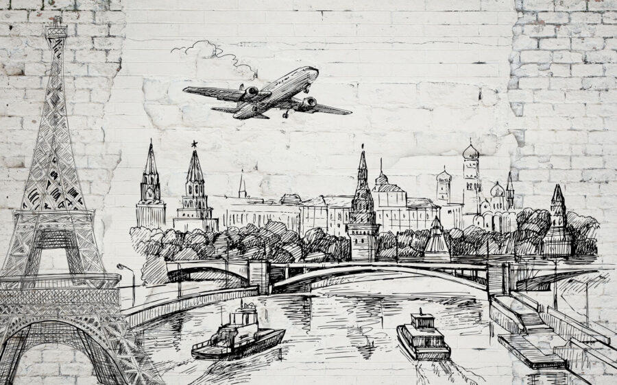 Desenho de uma cidade e de uma ponte