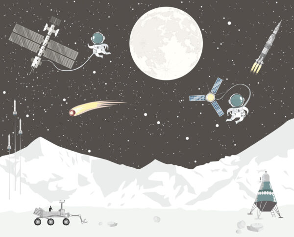 Cena espacial com uma lua e um satélite Cena espacial com uma lua e um satélite