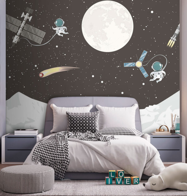 Cena espacial com uma lua e um satélite Cena espacial com uma lua e um satélite