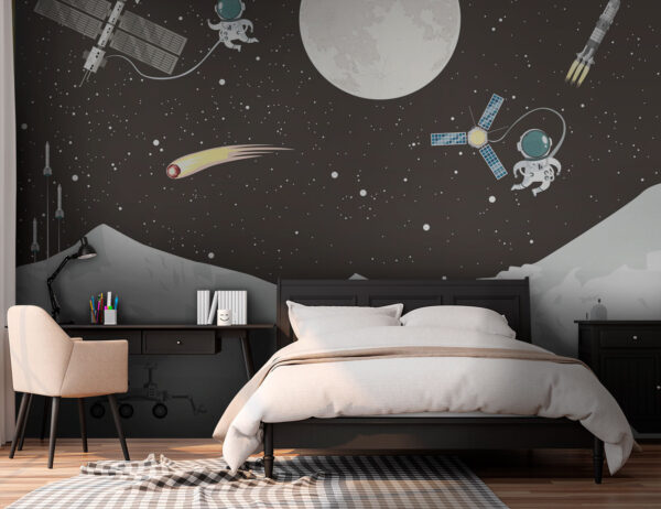 Cena espacial com uma lua e um satélite Cena espacial com uma lua e um satélite