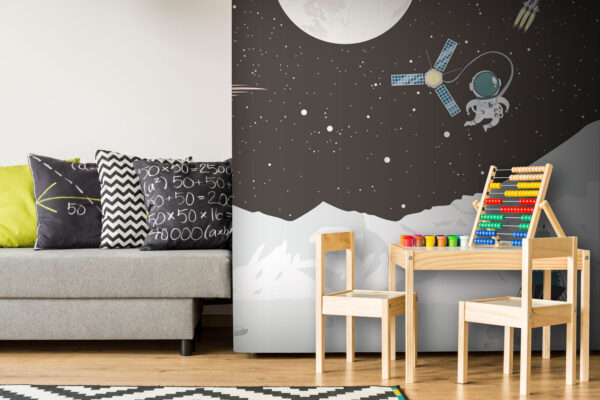 Cena espacial com uma lua e um satélite Cena espacial com uma lua e um satélite
