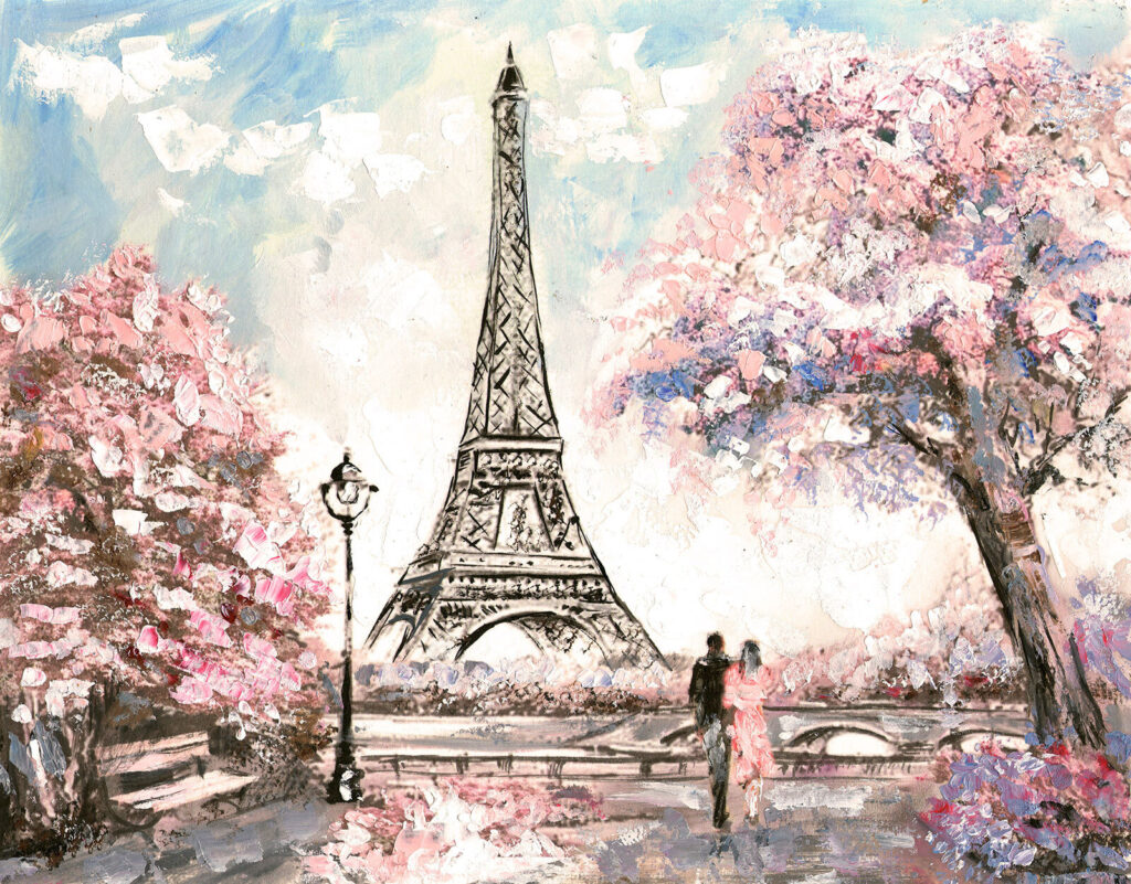Pintura de uma torre com flores cor-de-rosa Pintura de uma torre com flores cor-de-rosa