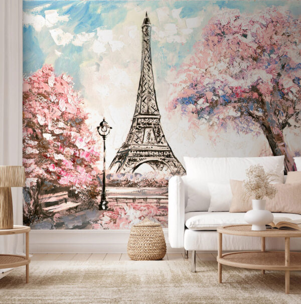 Pintura de uma torre com flores cor-de-rosa Pintura de uma torre com flores cor-de-rosa
