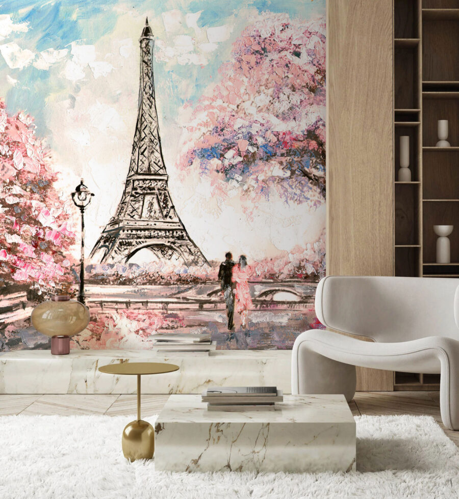 Pintura de uma torre com flores cor-de-rosa