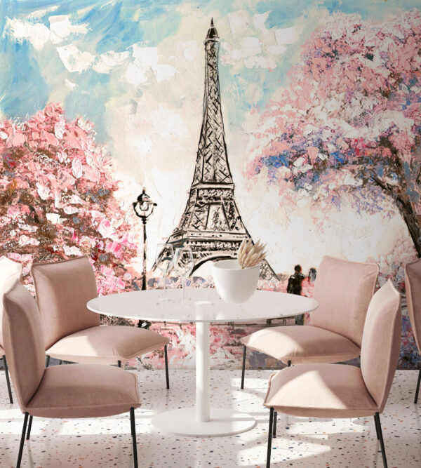 Pintura de uma torre com flores cor-de-rosa Pintura de uma torre com flores cor-de-rosa