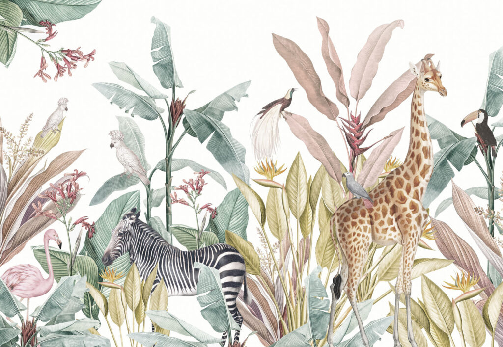 Papel de parede com zebras e pássaros Papel de parede com zebras e pássaros
