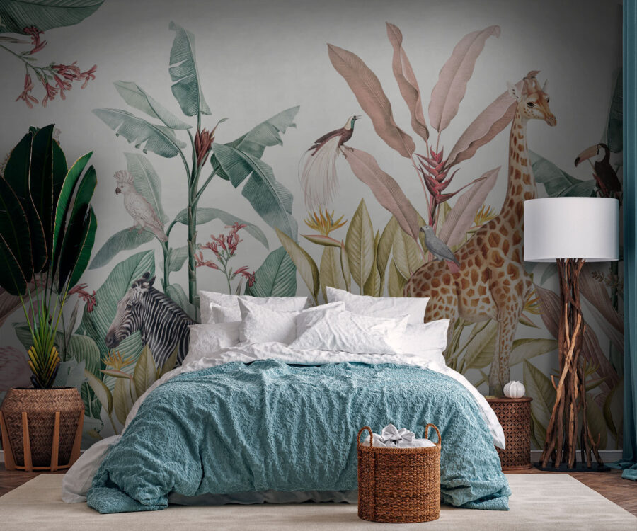 Papel de parede com zebras e pássaros