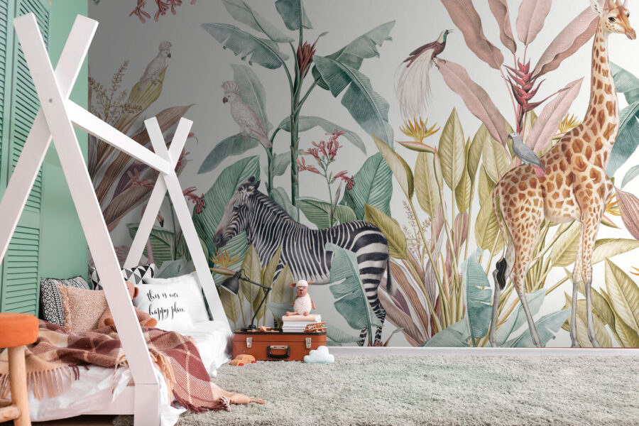 Papel de parede com zebras e pássaros
