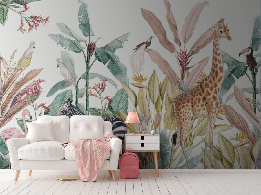 Papel de parede com zebras e pássaros