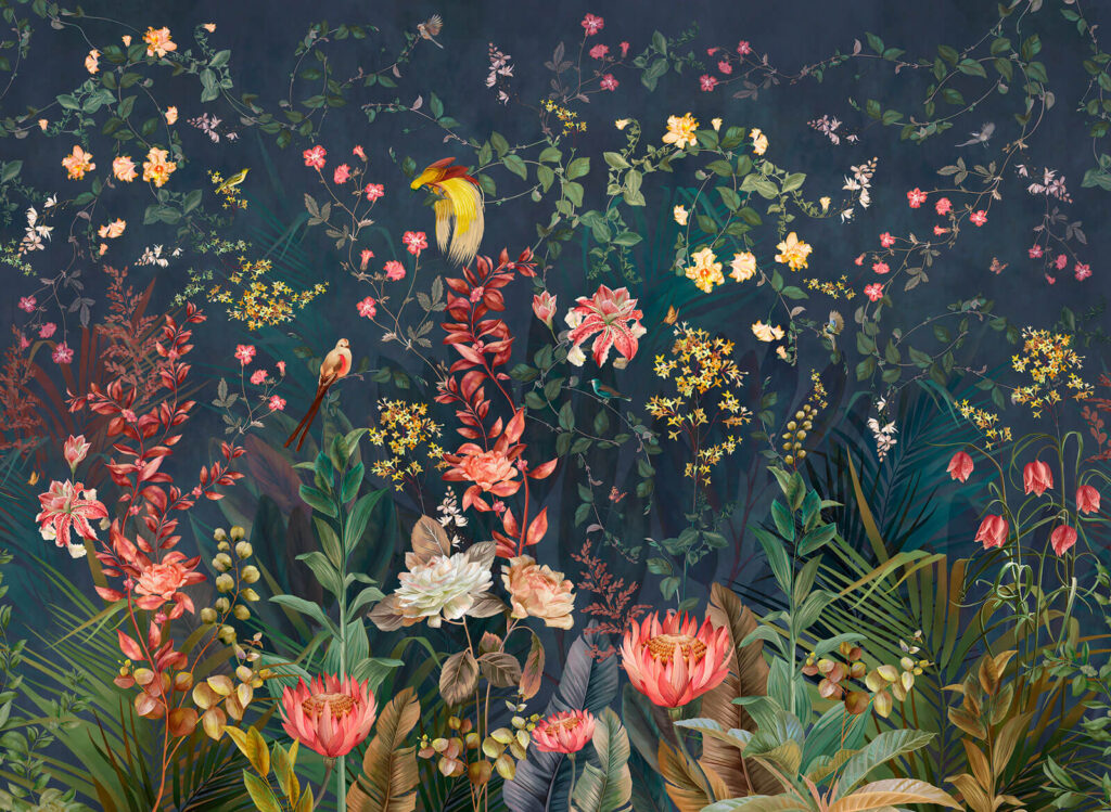 Papel de parede com flores e pássaros Papel de parede com flores e pássaros