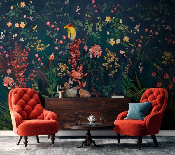 Papel de parede com flores e pássaros Papel de parede com flores e pássaros