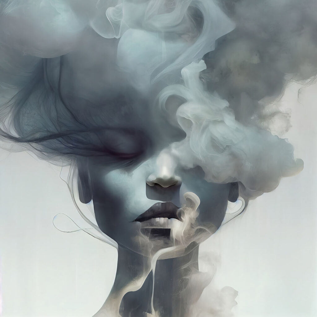 Woman with smoke coming out of her face