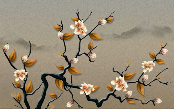 Um ramo de árvore com flores e folhas Um ramo de árvore com flores e folhas