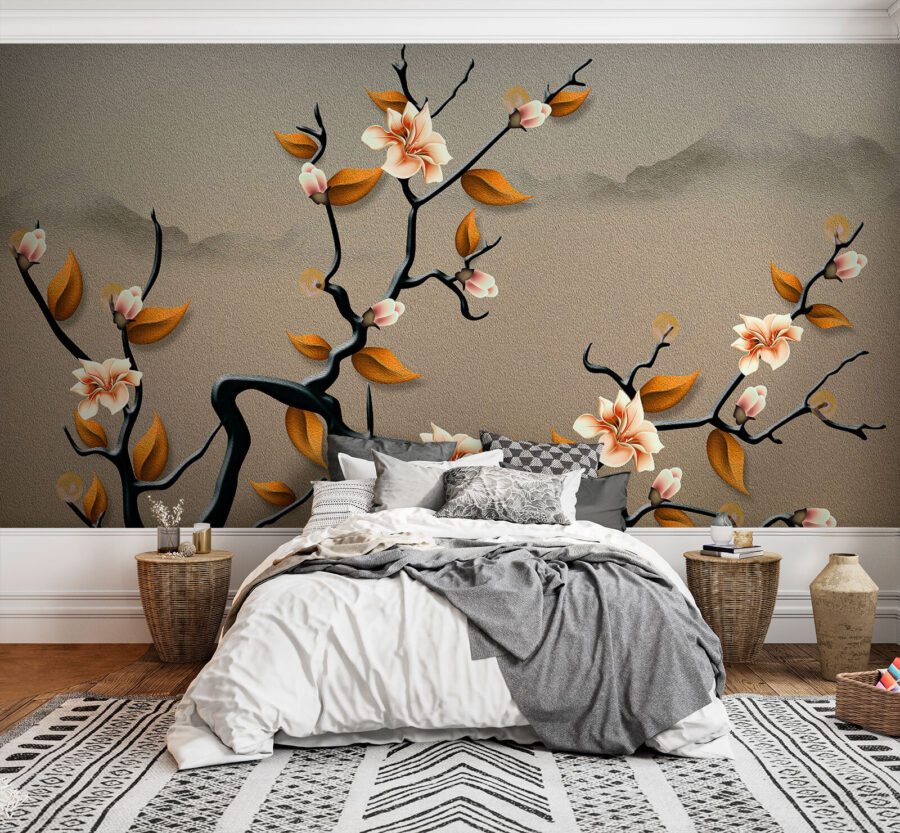 Um ramo de árvore com flores e folhas