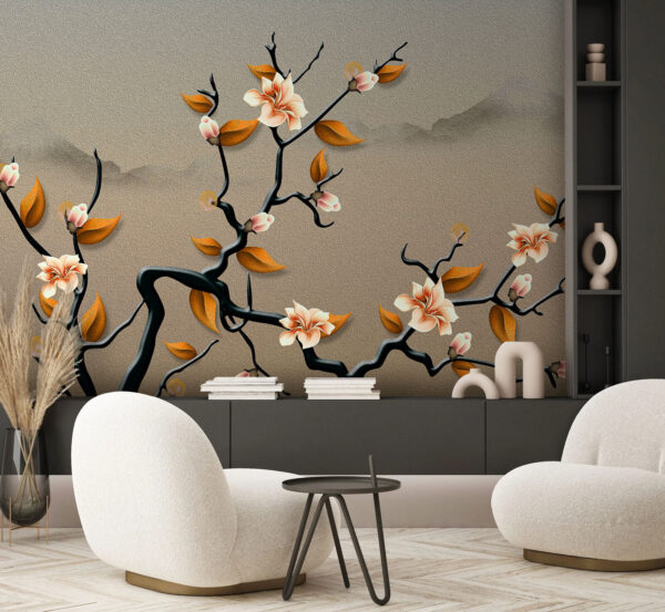 Um ramo de árvore com flores e folhas Um ramo de árvore com flores e folhas