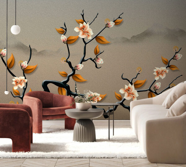 Um ramo de árvore com flores e folhas Um ramo de árvore com flores e folhas