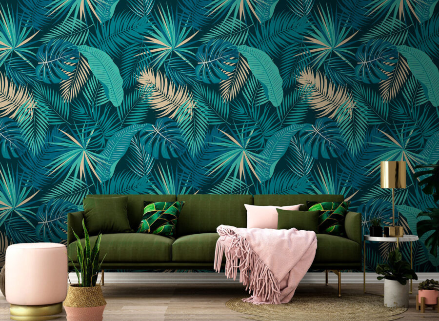 Papel de parede Padrão de folhas sobre um fundo azul