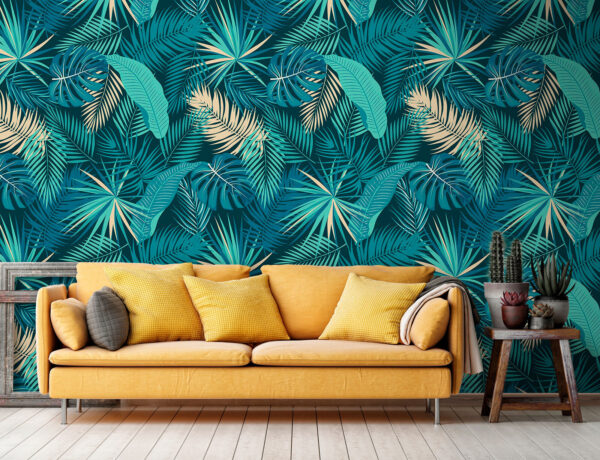 Padrão de folhas sobre um fundo azul Padrão de folhas sobre um fundo azul