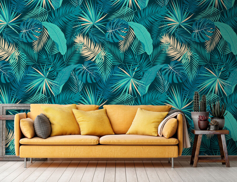 Papel de parede Padrão de folhas sobre um fundo azul - Image 2