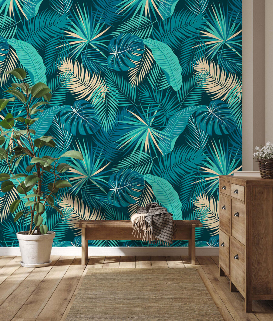 Papel de parede Padrão de folhas sobre um fundo azul - Image 3