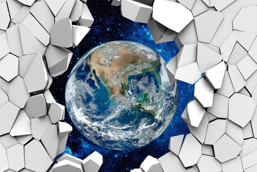 Planeta Terra a passar por um buraco na parede