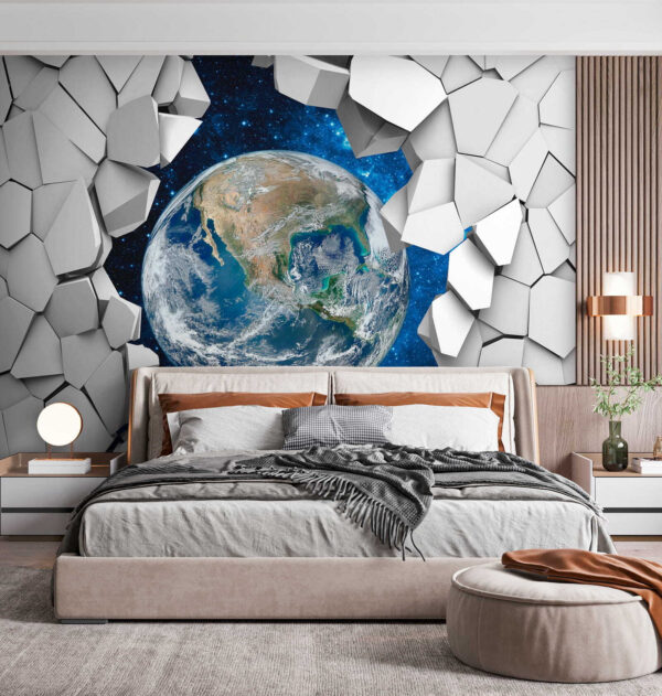 Planeta Terra a passar por um buraco na parede Planeta Terra a passar por um buraco na parede